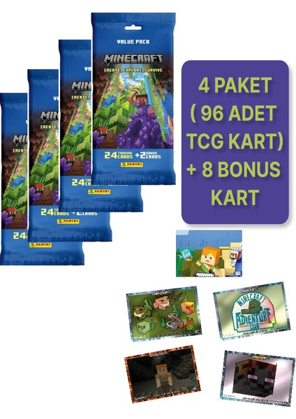 Panini Minecraft Create Explore Survive Trading Card - Fat Pack Kartı + 4 Paket ( 104 Kart )