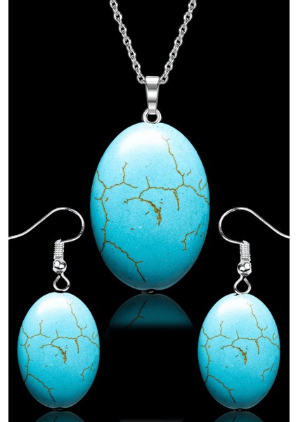 Sertifikalı Oval Model Firuze Taşı Kolye ve Küpe Seti - Gümüş Aparatlı