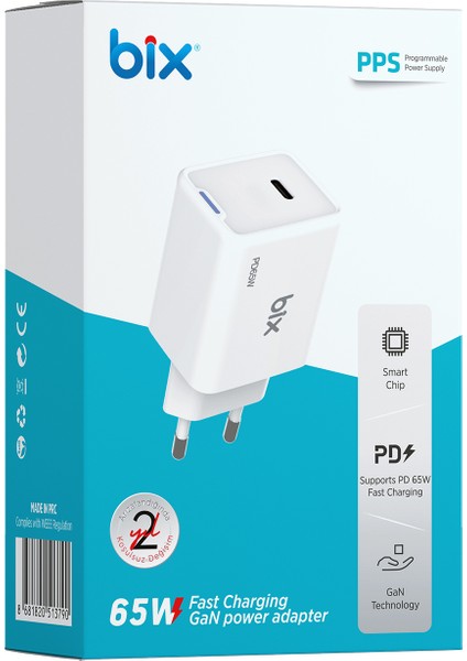 BX1P65G Gan 65W Type-C Pd Akım Korumalı ve LED Göstergeli Hızlı Şarj Cihazı Beyaz