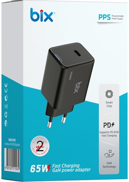 BX1P65G Gan 65W Type-C Pd Akım Korumalı ve LED Göstergeli Hızlı Şarj Cihazı Siyah