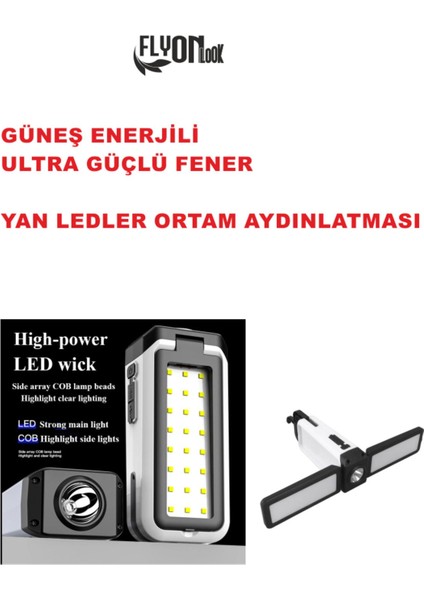 Solar Güneş Enerjili Ultra Şarjlı Güçlü El Feneri Hızlı Dolum Powerbank Özellikli Ortam Aydınlatmalı