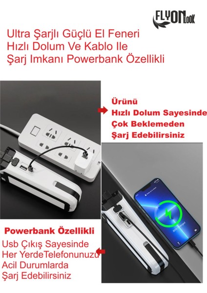 Solar Güneş Enerjili Ultra Şarjlı Güçlü El Feneri Hızlı Dolum Powerbank Özellikli Ortam Aydınlatmalı