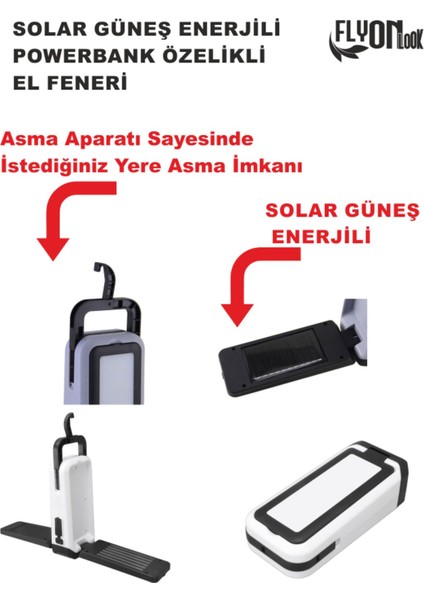 Solar Güneş Enerjili Ultra Şarjlı Güçlü El Feneri Hızlı Dolum Powerbank Özellikli Ortam Aydınlatmalı