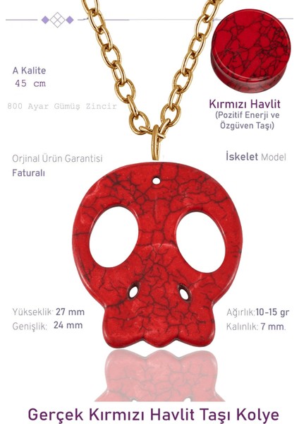 Sertifikalı Gold Model Kırmızı Havlit Taşı Kolye - 24K Altın Kaplama
