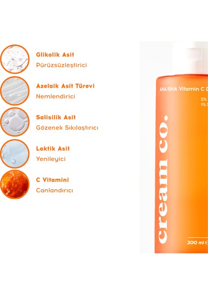 Cream Co. Akne & Leke Karşıtı Aydınlatıcı Cilt Tonu Eşitleyici AHA/BHA Vitamin C Tonik Tüm Cilt Tipleri