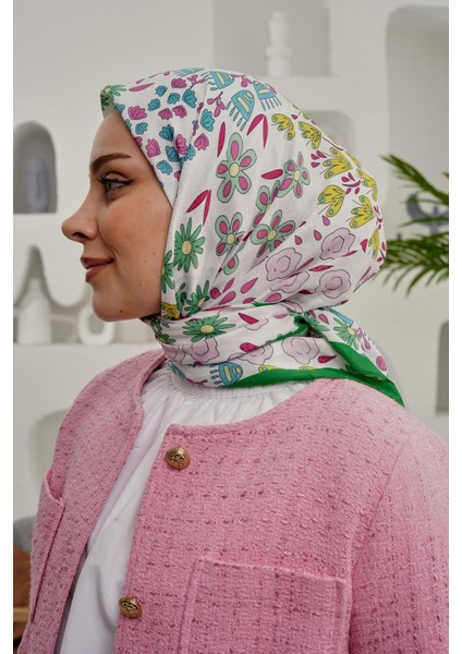 Çiçek Desen Yeşil Soft Pamuk Eşarp