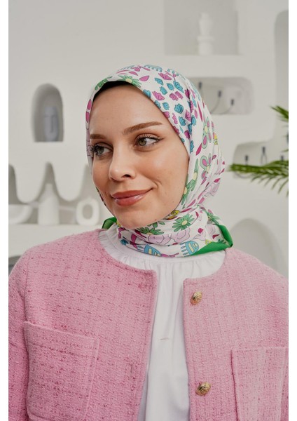 Çiçek Desen Yeşil Soft Pamuk Eşarp