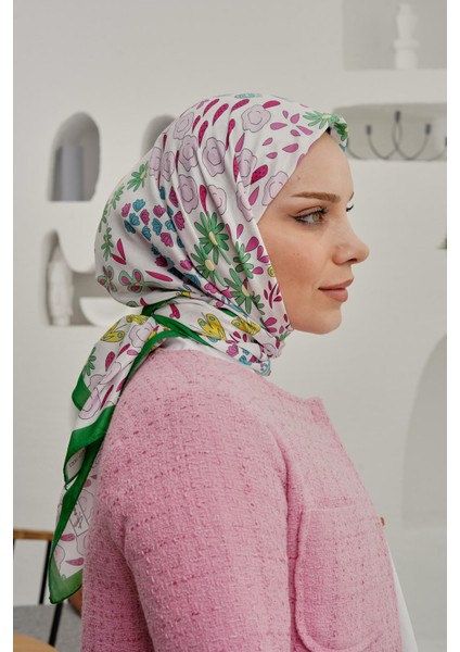 Çiçek Desen Yeşil Soft Pamuk Eşarp