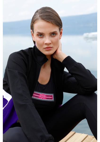 Kadın Sportswear Lacivert Mor İki İplik Bel Paça Lastikli Dik Yaka Fermuarlı Eşofman Takım - 7563