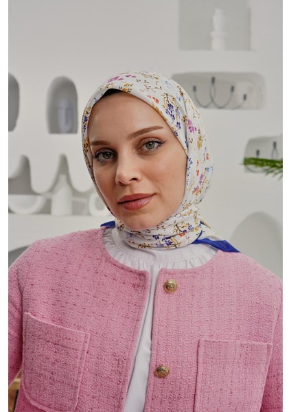 Çiçek Desen Mavi Soft Pamuk Eşarp