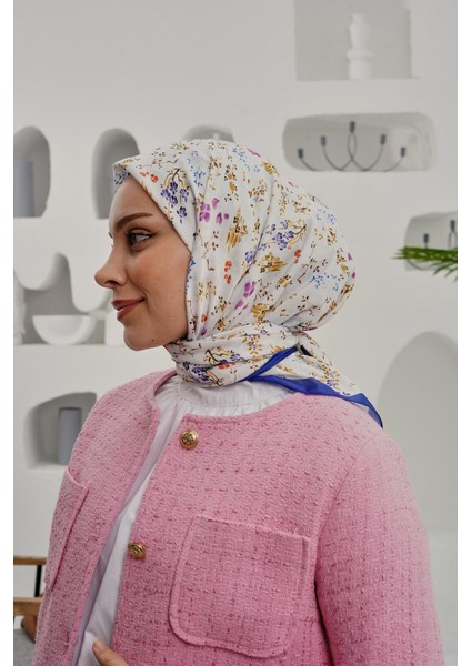 Çiçek Desen Mavi Soft Pamuk Eşarp