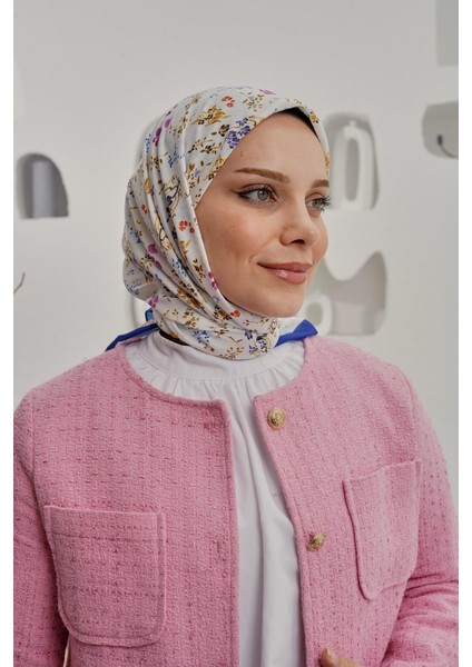 Çiçek Desen Mavi Soft Pamuk Eşarp