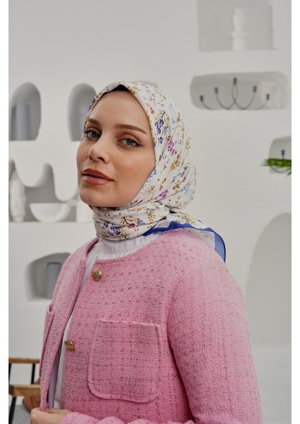 Çiçek Desen Mavi Soft Pamuk Eşarp