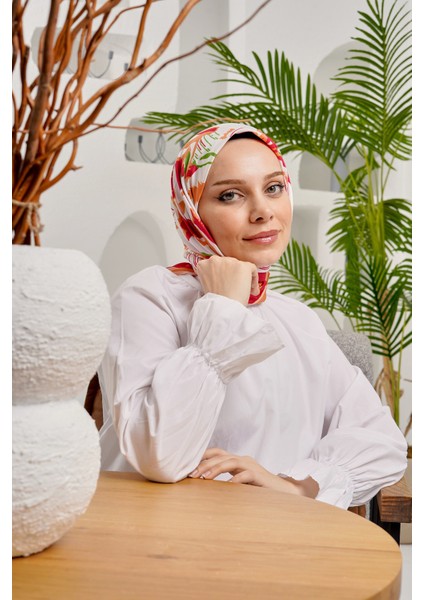 Yaprak Desen Kırmızı Soft Pamuk Eşarp