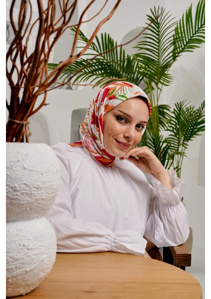 Yaprak Desen Kırmızı Soft Pamuk Eşarp