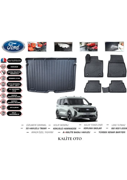 Kalite Oto Ford Tourneo Courier 2024 Model 3D Bagaj Havuzu+3d Havuzlu Paspas Seti Tam Uyumlu