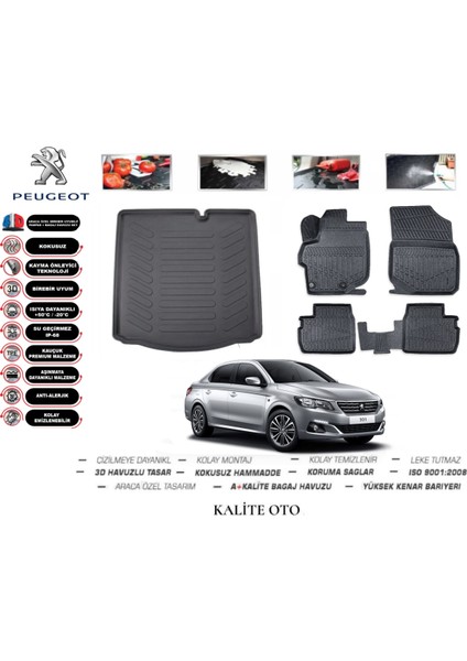 Peugeot 301 2017 Model 3D Bagaj Havuzu+3d Havuzlu Paspas Seti Tam Uyumlu