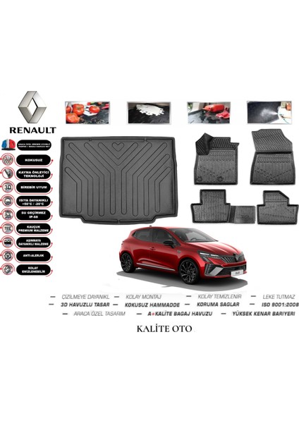 Renault Clio 5 2024 Model 3D Bagaj Havuzu+3d Pro Serisi Havuzlu Paspas Seti Tam Uyumlu