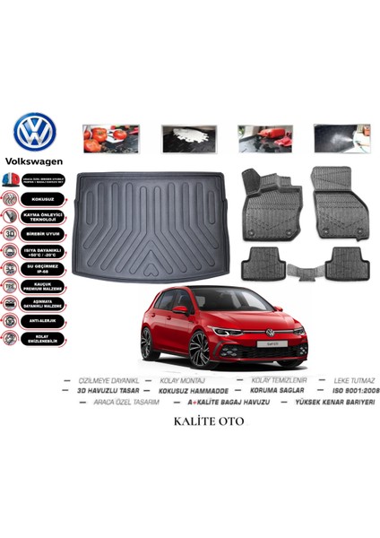 Kalite Oto Volkswagen Golf 8 2023 Model 3D Bagaj Havuzu+3d Pro Serisi Havuzlu Paspas Seti Tam Uyumlu