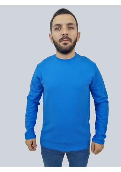 Erkek Waffle Uzun Kol Saks Mavisi Sweatshirt