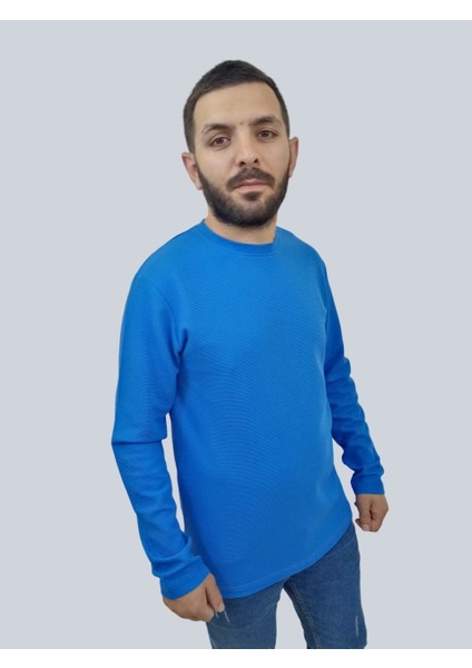 Erkek Waffle Uzun Kol Saks Mavisi Sweatshirt