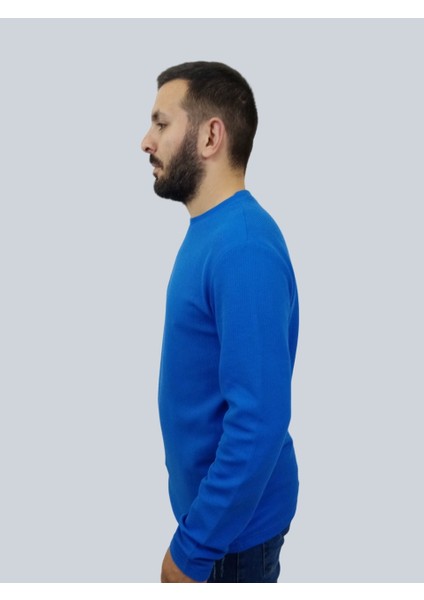 Erkek Waffle Uzun Kol Saks Mavisi Sweatshirt