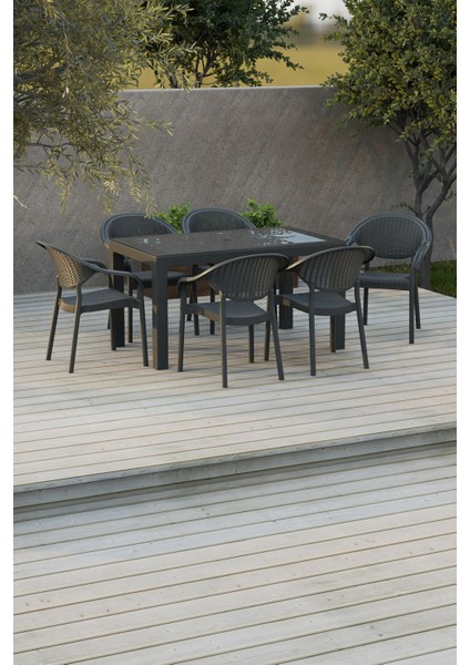 80X140 cm Rattan 6 Kişilik Masa Takımı Camlı Bambu Sandalye Bahçe Teras Takımı Oturma Grubu