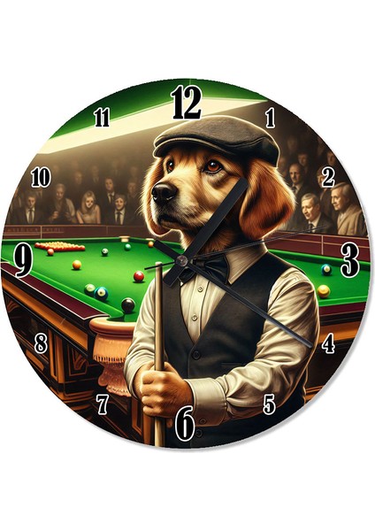 Bilardo Oynayan Takım Elbiseli Köpek Desenli Duvar Saati