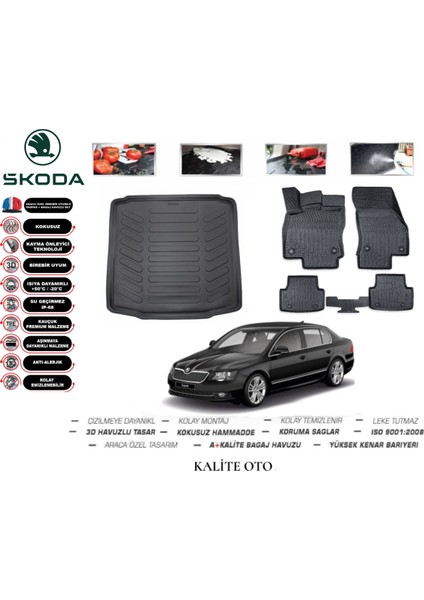 Kalite Oto Skoda Superb 2013 Model 3D Bagaj Havuzu+3d Havuzlu Paspas Seti Tam Uyumlu