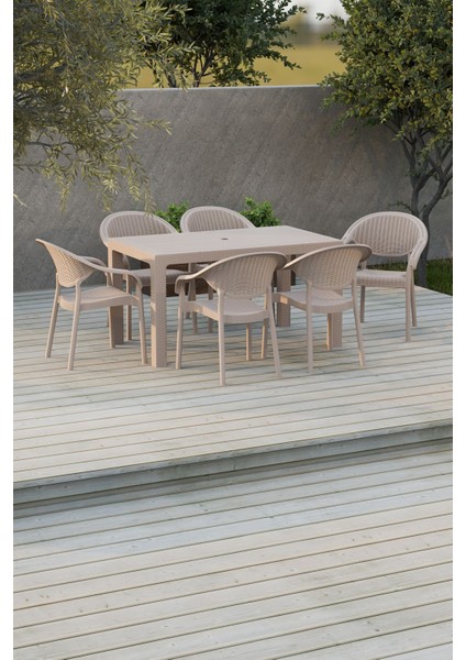 Çavdar Group 80X140 cm Rattan 6 Kişilik Masa Takımı Camsız Bambu Sandalye Bahçe Teras Takımı Oturma Grubu