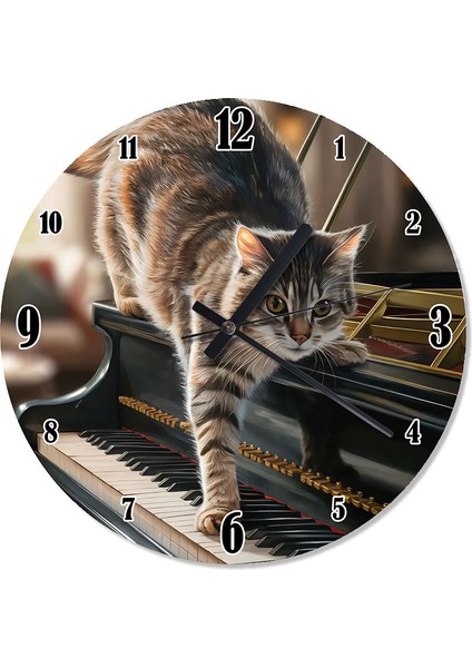 Piyano Çalan Kedi Analog Duvar Saati