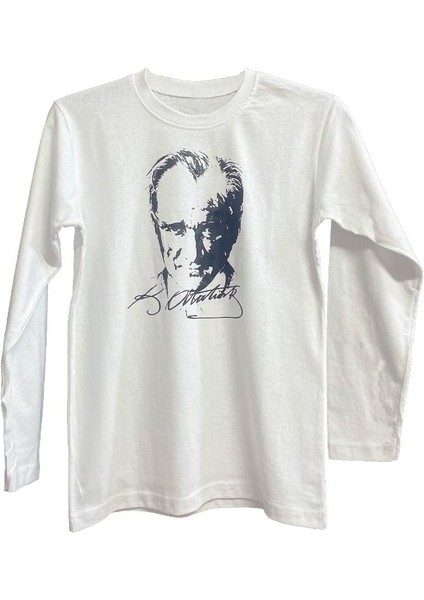 Standart Kesim Sıfır Yaka Uzun Kollu Siyah Atatürk Baskılı Beyaz 23 Nisan Çocuk T-Shirt