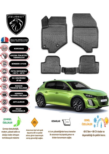 Peugeot 208 2020 Model 3D Araca Özel Havuzlu Paspas Takımı