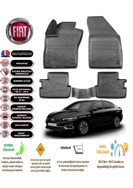 Fiat Egea Hybrıd 2021 Model 3D Araca Özel Havuzlu Paspas Takımı