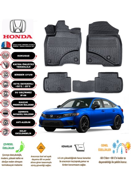 Honda Civic 2022 Model 3D Araca Özel Havuzlu Paspas Takımı