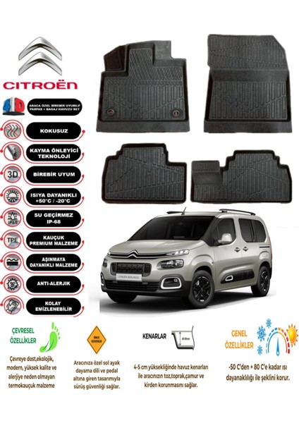 Citroen Berlingo 2019 Model 3D Araca Özel Havuzlu Paspas Takımı