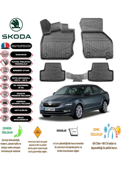 Skoda Octavia 2019 Model 3D Araca Özel Havuzlu Paspas Takımı