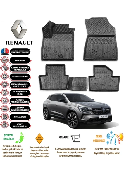 Kalite Oto Renault Austral Mild Hybrıd 2024 Model 3D Araca Özel Havuzlu Paspas Takımı