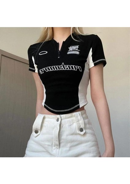 Y2K Rock More Zip Fermuarlı Siyah Crop