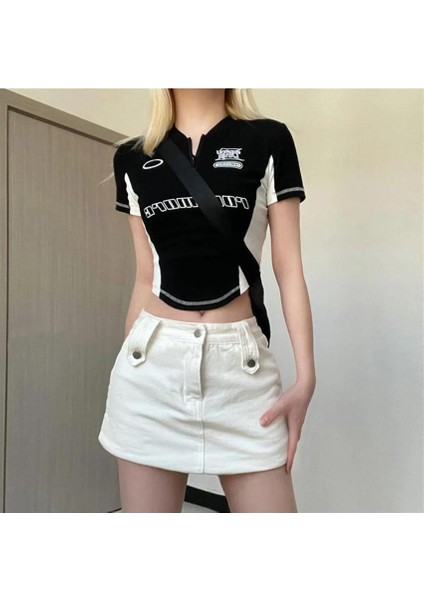 Y2K Rock More Zip Fermuarlı Siyah Crop