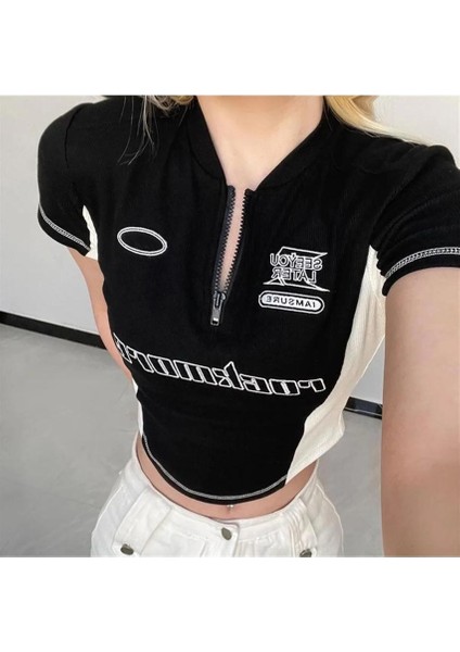 Y2K Rock More Zip Fermuarlı Siyah Crop