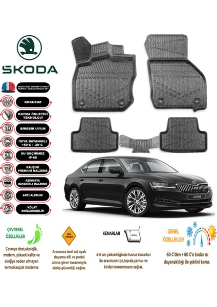 Skoda Super B 2022 Model 3D Araca Özel Havuzlu Paspas Takımı