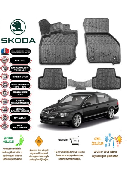 Skoda Super B 2015 Model 3D Araca Özel Havuzlu Paspas Takımı