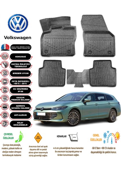 Volkswagen Passat B9 2024 Model 3D Araca Özel Havuzlu Paspas Takımı