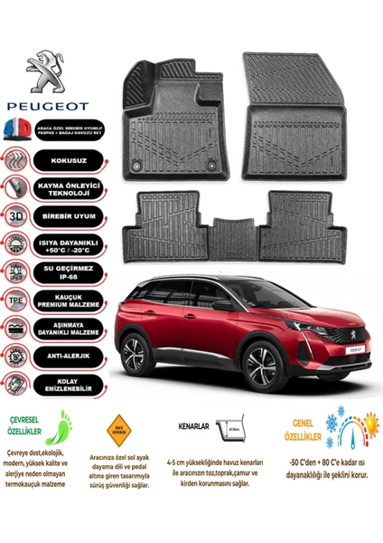 Kalite Oto Peugeot 3008 2023 Model 3D Araca Özel Tam Uyumlu Havuzlu Paspas Takımı