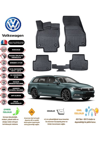 Volkswagen Passat B8 Station Vagon 2016 Model 3D Araca Özel Tam Uyumlu Havuzlu Paspas Takımı