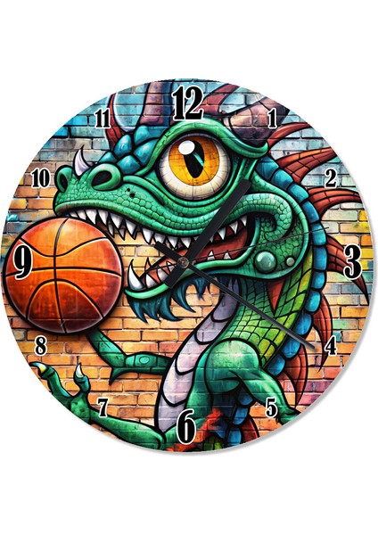 Sevimli Ejderha ve Basketbol Topu Dekoratif Duvar Saati