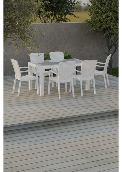 80X140 cm Rattan 6 Kişilik Masa Takımı Camlı Sedan Sandalye Bahçe Teras Takımı Oturma Grubu