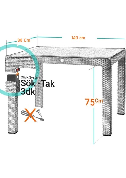 80X140 cm Rattan 6 Kişilik Masa Takımı Camlı Sedan Sandalye Bahçe Teras Takımı Oturma Grubu