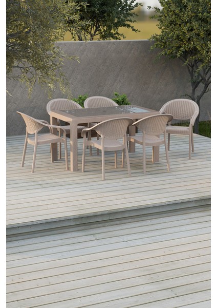 80X140 cm Rattan 6 Kişilik Masa Takımı Camlı Bambu Sandalye Bahçe Teras Takımı Oturma Grubu